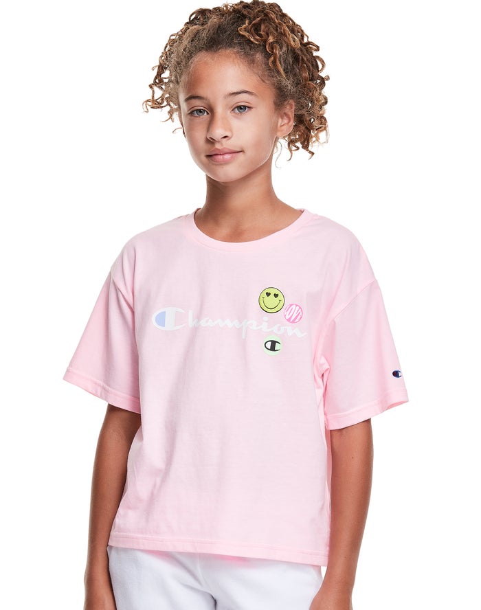 Champion Boxy Smiley Face Kiz Çocuk Tişört Pembe ( TKPUXI958 )